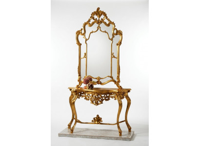 Spiegelconsole in landelijke stijl met spiegelkaptafel en spiegeltafel in goudkleur.
