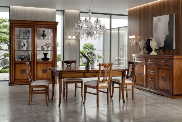 Eetkamerset 7-delig. Eettafel Stoelen Dressoir Vitrine Groep Garnituur Hout Bruin.