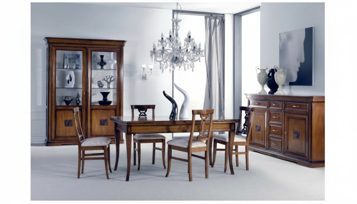 Eetkamerset 7-delig. Eettafel Stoelen Dressoir Vitrine Groep Garnituur Hout Bruin.