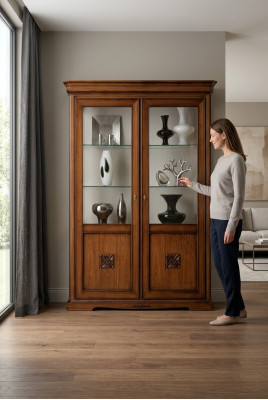 Vitrine glazen kast massief houten woonkamermeubel dressoir massief hout