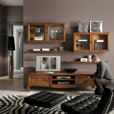 Woonkamerset vitrine TV-dressoir salontafel ladenkast hout nieuw 7-delig.