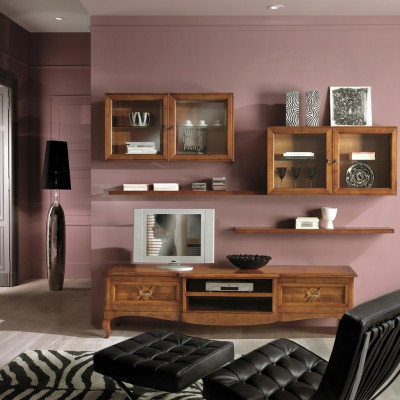 Woonkamerset vitrine TV-dressoir salontafel ladenkast hout nieuw 7-delig.