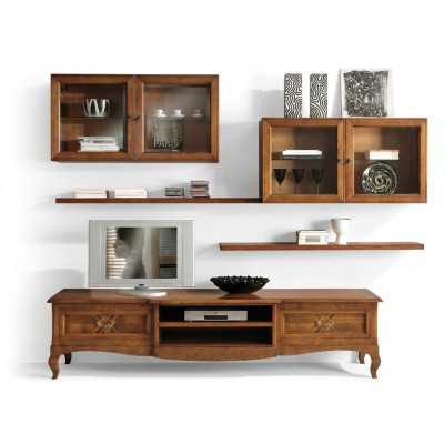 Woonkamerset vitrine TV-dressoir salontafel ladenkast hout nieuw 7-delig.