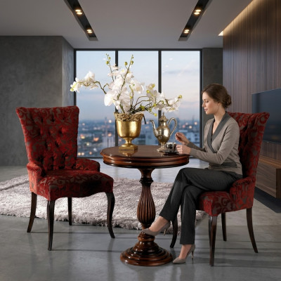 Woonkamer fauteuils luxe stoel houtbruin Italiaanse meubels gestoffeerd
