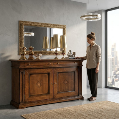 Massief houten dressoir met spiegel Sideboard dressoirset Italiaanse meubels 2-delig.