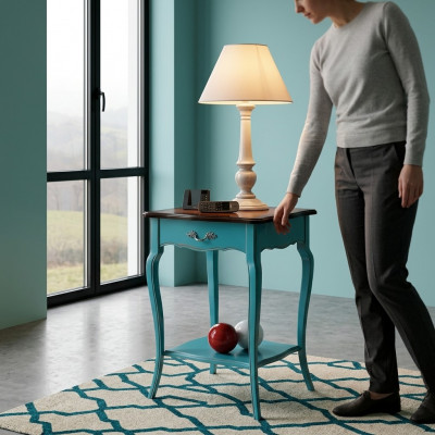 Console nachtkastje slaapkamer bijzettafel modern design meubels hout azuurblauw.
