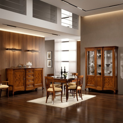 Eetkamerset dressoir 4 stoelen vitrinegroep eetkamertafel 7-delig.