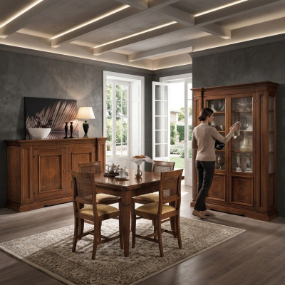 Garnituur Houten Meubels Commode 4x Stoel Tafel Vitrine Nieuw Groep Eetkamerset 7 delen.