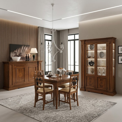 Garnituur Houten Meubels Commode 4x Stoel Tafel Vitrine Nieuw Groep Eetkamerset 7 delen.
