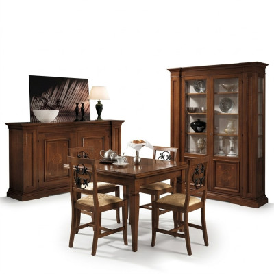 Garnituur Houten Meubels Commode 4x Stoel Tafel Vitrine Nieuw Groep Eetkamerset 7 delen.
