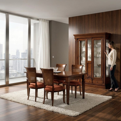Eetkamer Eettafel Stoelen Dressoir Vitrine Set Meubilair Hout Bruin 7-delig Set