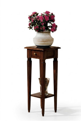 Houten bloemenstandaard in bruin met lade en plank.