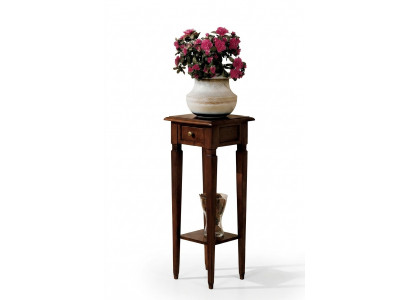 Houten bloemenstandaard in bruin met lade en plank.
