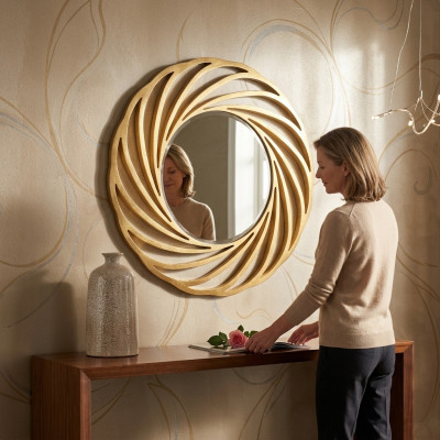 Ronde spiegel Hangspiegel Hout Modern Wandspiegel Meubilair Spiegeleffect Ontwerp 90x90
