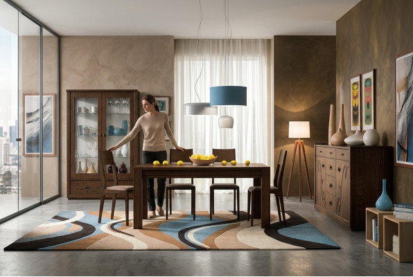 Ess Gruppe Set 7tlg. Esszimmer Esstisch Stuhl Kommode Vitrine Tisch Tische Holz Groep met 7 delen Eetkamer eettafel stoel commode vitrine tafel tafels hout