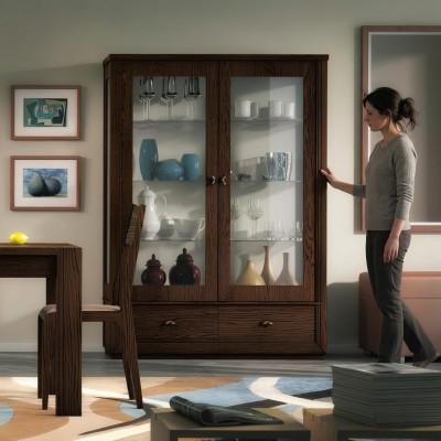 Vitrine Luxe etalage Vitrines Glazen kast Modern Hout Grijs Plank Dressoir