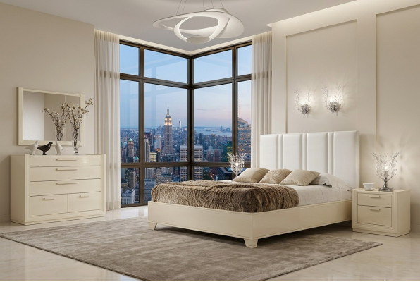 Set Slaapkamer Bed Nachtkastje Commode Spiegel Luxe Hout Ontwerp 5-delig