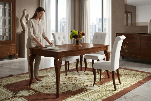 Uittrekbare eettafel van hout in modern design voor luxe meubels in de eetkamer.
