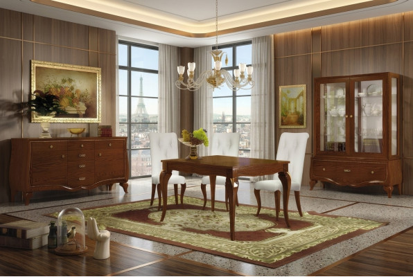 Garnituur Eetkamer Eettafel Stoel Commode Vitrine Tafel Tafels Groep Set 7-delig.