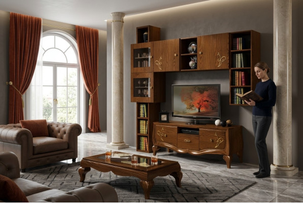 Klassieke groep rtv set woonkamer vitrine tv modern hout meubel kast stijl