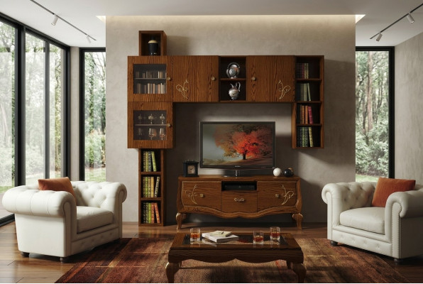 Klassieke groep rtv set woonkamer vitrine tv modern hout meubel kast stijl