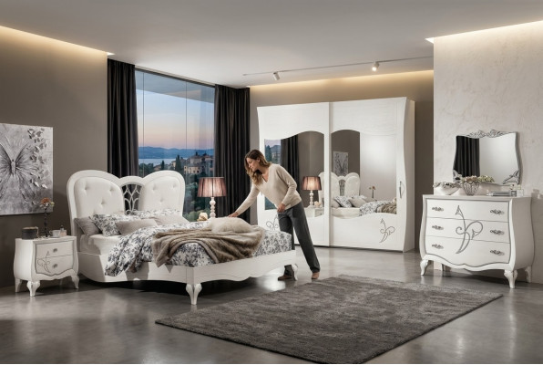 Slaapkamer Bed Nachtkastje Kledingkast Commode Spiegel Nieuwe 6-delige Luxe Set
