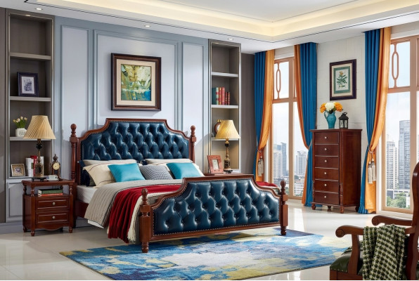 Chesterfield tweepersoonsbed Luxe slaapkamer houten bed gestoffeerde meubels