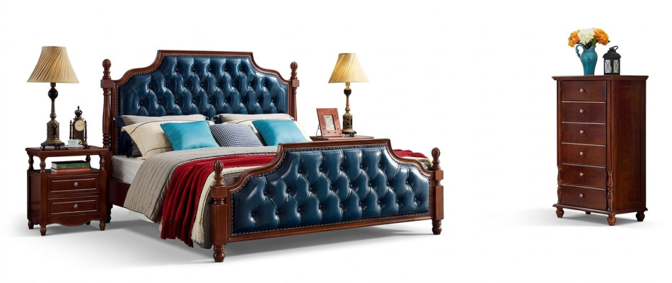 Chesterfield tweepersoonsbed Luxe slaapkamer houten bed gestoffeerde meubels