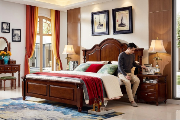 Klassiek tweepersoonsbed slaapkamer bed meubels hout bed massief bruin