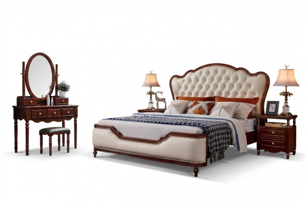 Bed 2x Nightstands Dressing table Bench Bedroom Luxury Wood 6-piece set.
