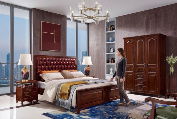 Ontwerp klassieke bedmeubels Bed 2 nachtkastjes 3-delige slaapkamerset