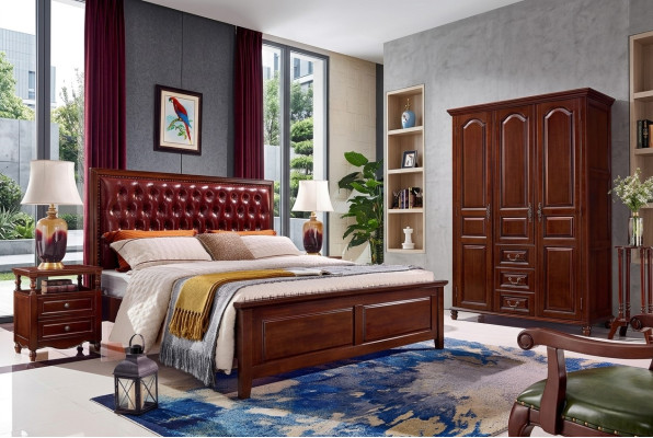 Ontwerp klassieke bedmeubels Bed 2 nachtkastjes 3-delige slaapkamerset