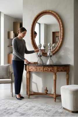 Hout Italiaanse meubels 2-delige set meubels in barokstijl, console tafel met spiegel Nieuw.