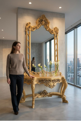 Luxe gesneden console tafel en spiegel in een elegante omlijsting.