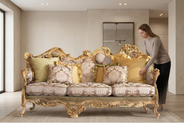 Klassieke Chesterfield-bank met met de hand gesneden details.