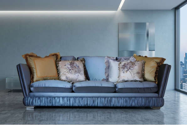 Klassieke driepersoonsbank in het blauw voor de woonkamer van textiel. ListViewItem Klassieker.