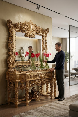 Console Sideboard Tafel Ladenkast Echt hout Snijwerk Spiegel Antieke Stijl Italië