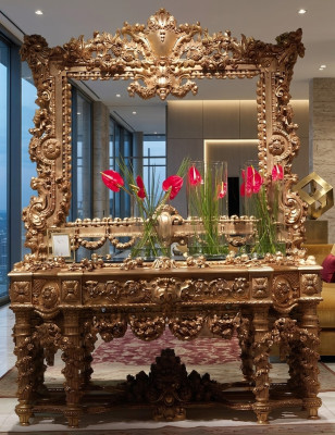 Console Sideboard Tafel Ladenkast Echt hout Snijwerk Spiegel Antieke Stijl Italië