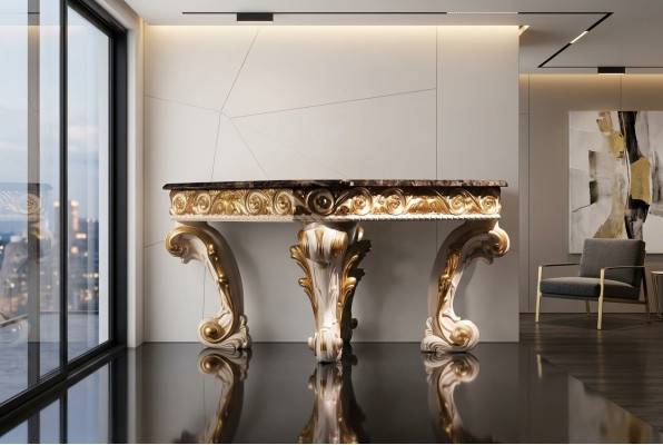 Salontafel met marmeren ronde tafel, antieke bijzettafel, barok en rococo, Italiaans.
