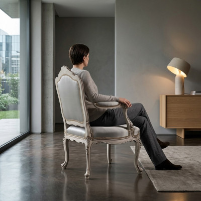 Eetkamerstoelen Luxe fauteuil Stoel Hout Zilver Troon Barok Woonkamermeubels