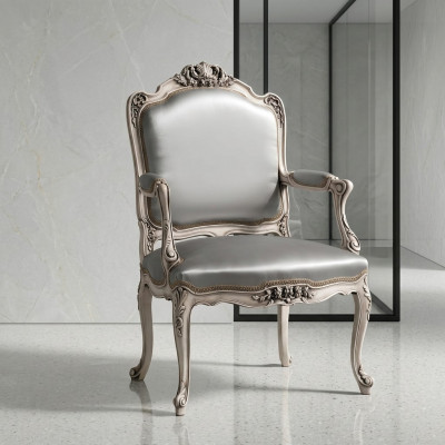 Eetkamerstoelen Luxe fauteuil Stoel Hout Zilver Troon Barok Woonkamermeubels