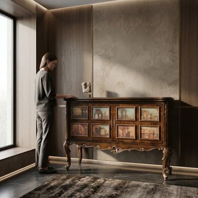 Prachtige buffetkast met afbeeldingen van architectonische gebouwen op de gevels.