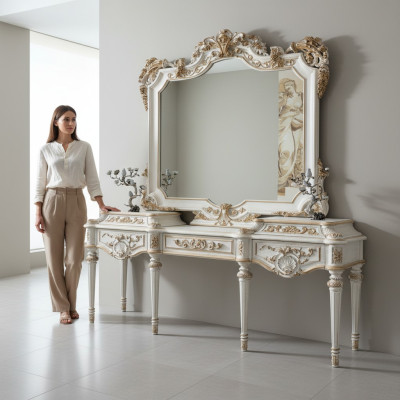 Luxe witte console tafel en spiegel met gesneden frame