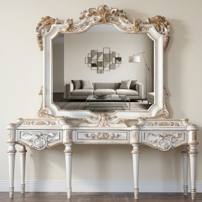 Luxe witte console tafel en spiegel met gesneden frame