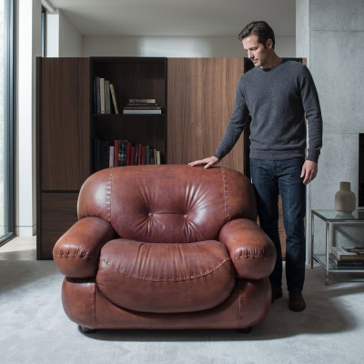 Vintage lederen fauteuil woonkamer echt leer bekleding televisie Italiaanse meubels nieuw
