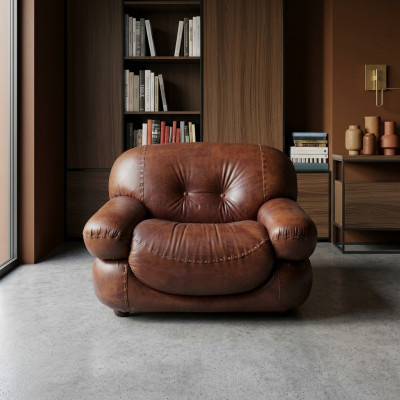Vintage lederen fauteuil woonkamer echt leer bekleding televisie Italiaanse meubels nieuw