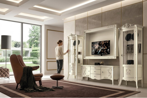 Stel 4-delige woonkamerset rtv vitrine tv dressoir kast tafel woonkamer houten meubels