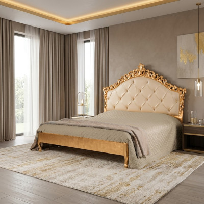 Nieuw luxe Chesterfield tweepersoonsbed met een bewerkt hoofdeinde.