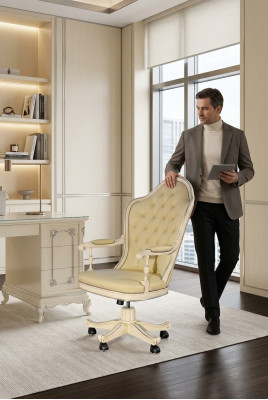 Bureau stoel hout directiestoel Chesterfield Italiaanse meubels wit draaibaar wit nieuw.