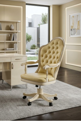 Bureau stoel hout directiestoel Chesterfield Italiaanse meubels wit draaibaar wit nieuw.